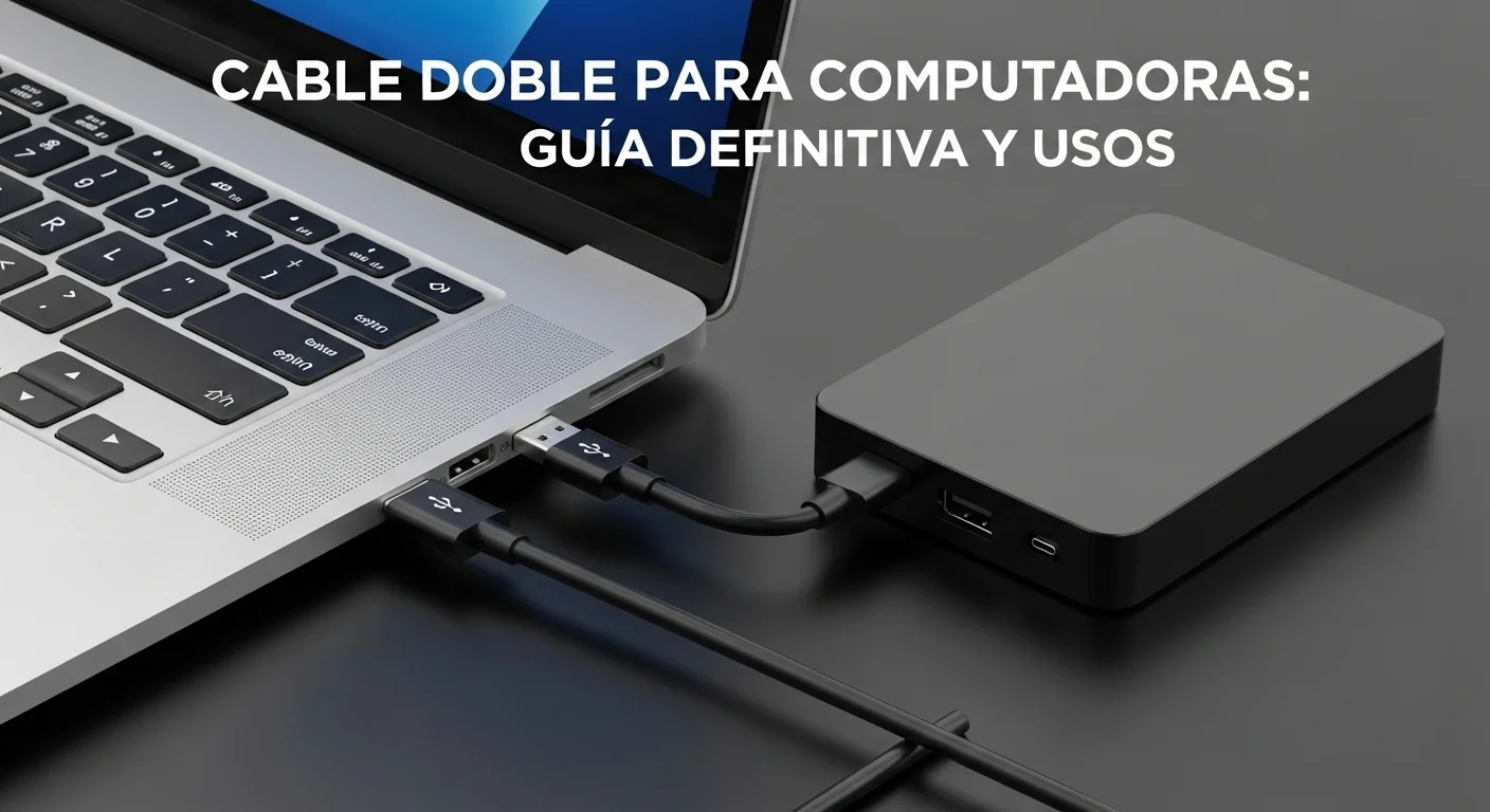 Un cable doble USB tipo Y conectado a dos puertos de una laptop moderna para alimentar un disco duro externo. Se aprecian las conexiones firmes y el flujo de datos y energía para computadoras.