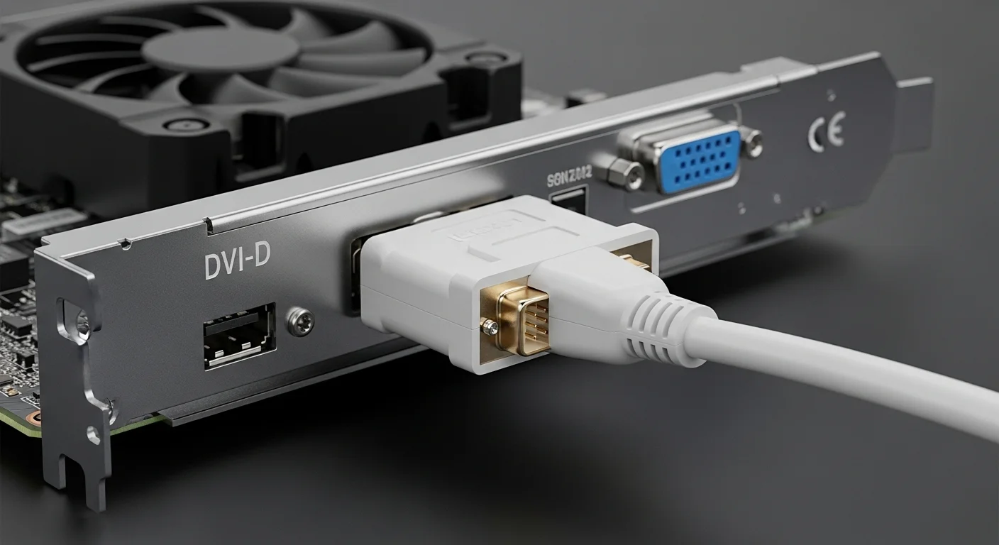 Un cable DVI-D blanco conectado al puerto de una tarjeta gráfica de una computadora de escritorio, mostrando los pines y el conector.