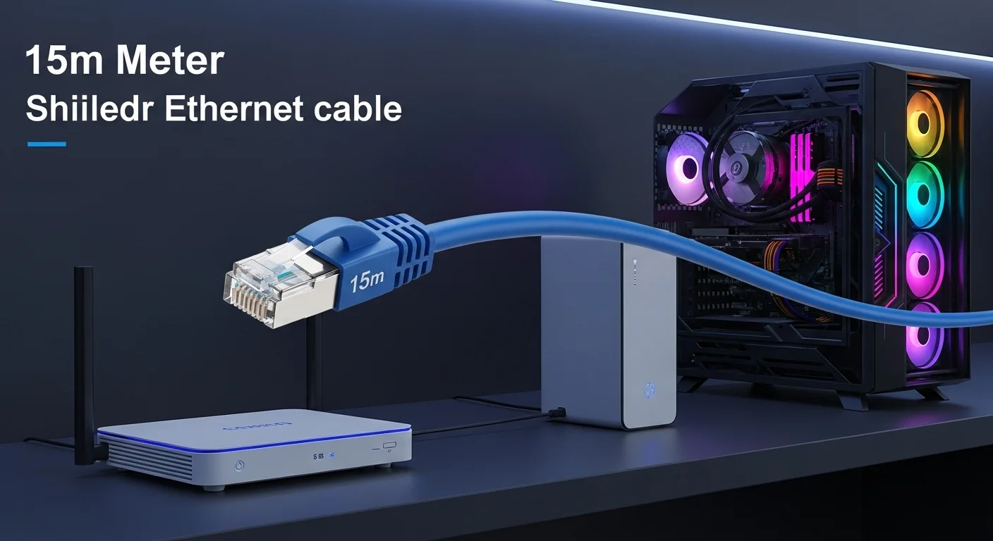 Un cable de red ethernet de 15 metros con blindaje conectado desde un router a una potente computadora de gaming, simbolizando una conexión estable y de baja latencia.