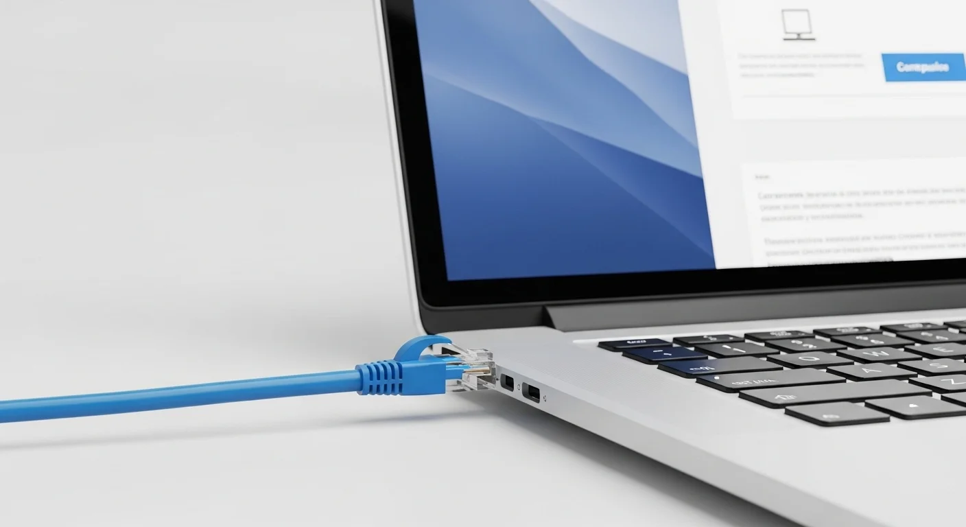Un cable Ethernet de color azul conectado al puerto de una laptop moderna, simbolizando la conexión de alta velocidad para computadoras.
