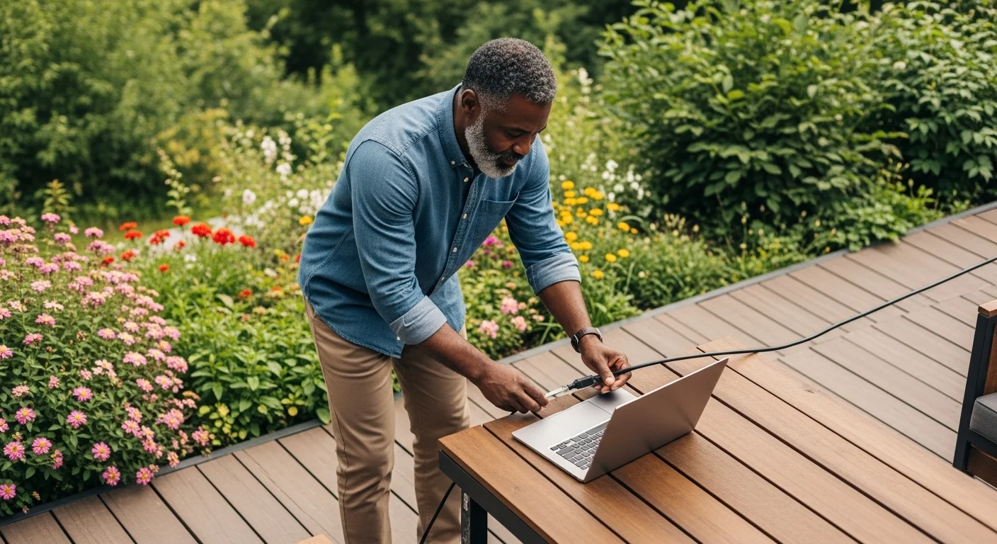 Una persona conectando un robusto cable ethernet exterior a una computadora portátil en una terraza con vegetación de fondo