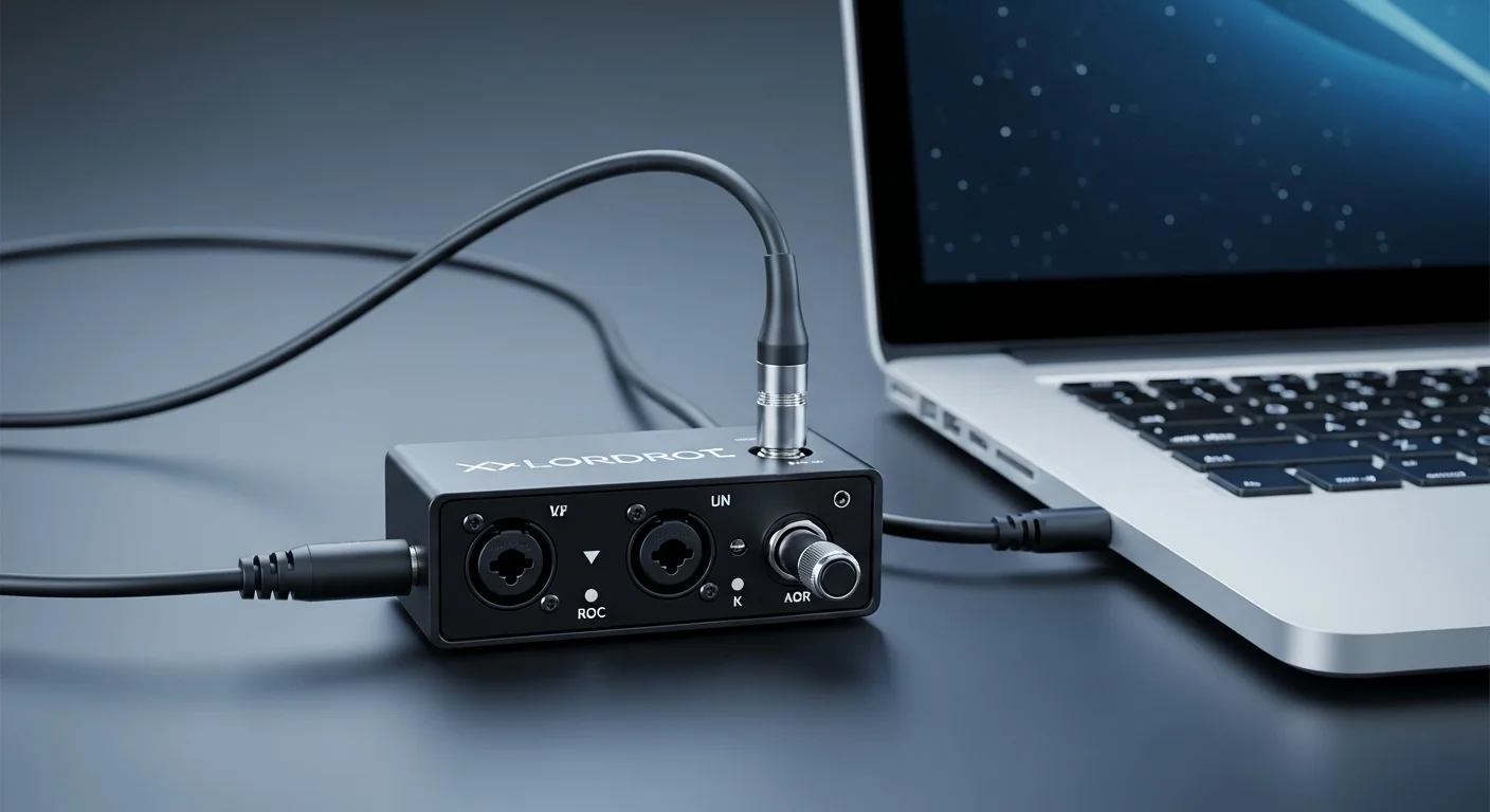 Un cable de guitarra eléctrica de color negro conectado a una interfaz de audio junto a una laptop, simbolizando la conexión entre música y computadoras.