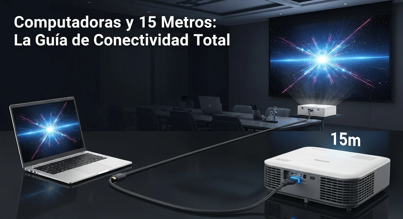 Una imagen mostrando un cable hdmi de 15 metros de alta calidad conectando una laptop a un proyector en una sala de conferencias moderna, con gráficos nítidos en la pantalla.