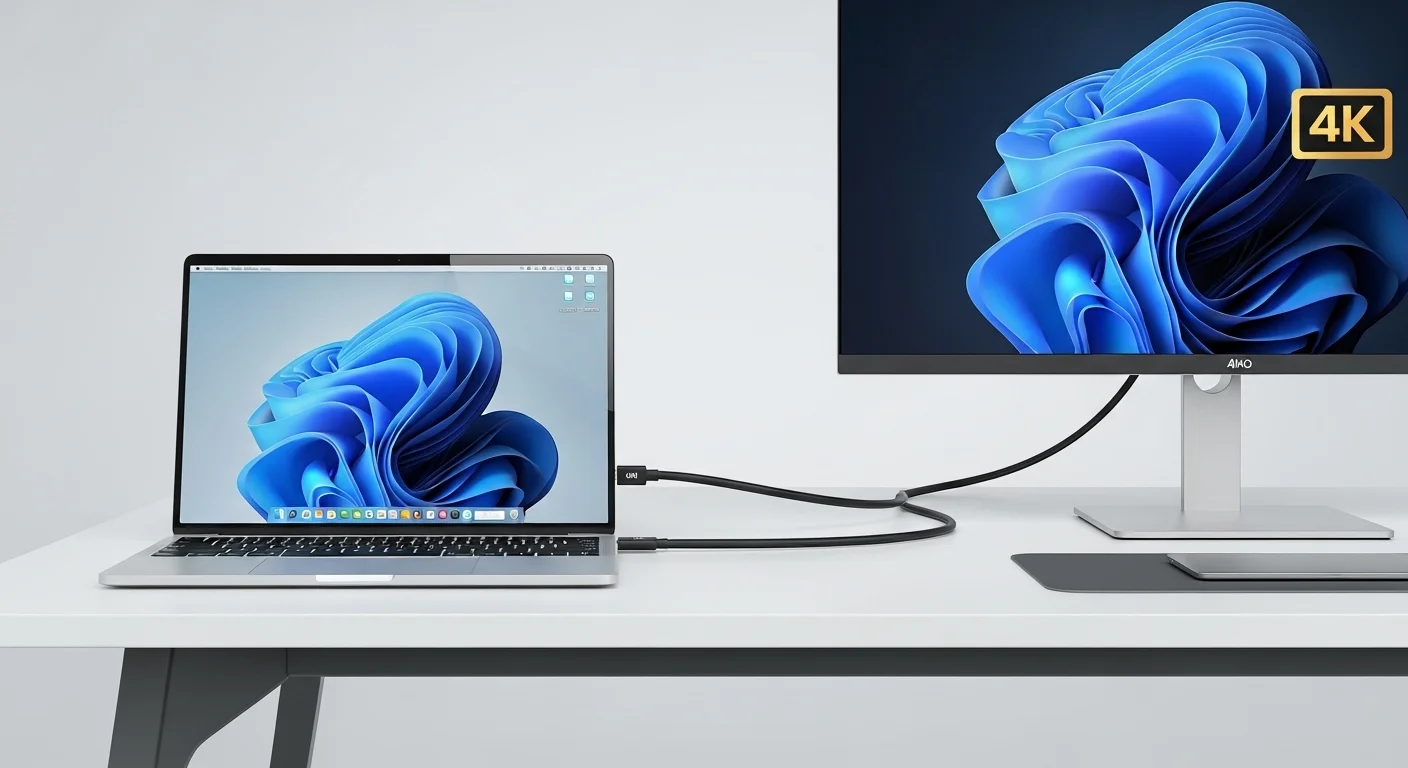 Un cable HDMI negro conectado entre una laptop moderna y un monitor 4K en un escritorio de oficina, mostrando la importancia del cable HDMI para computadoras.
