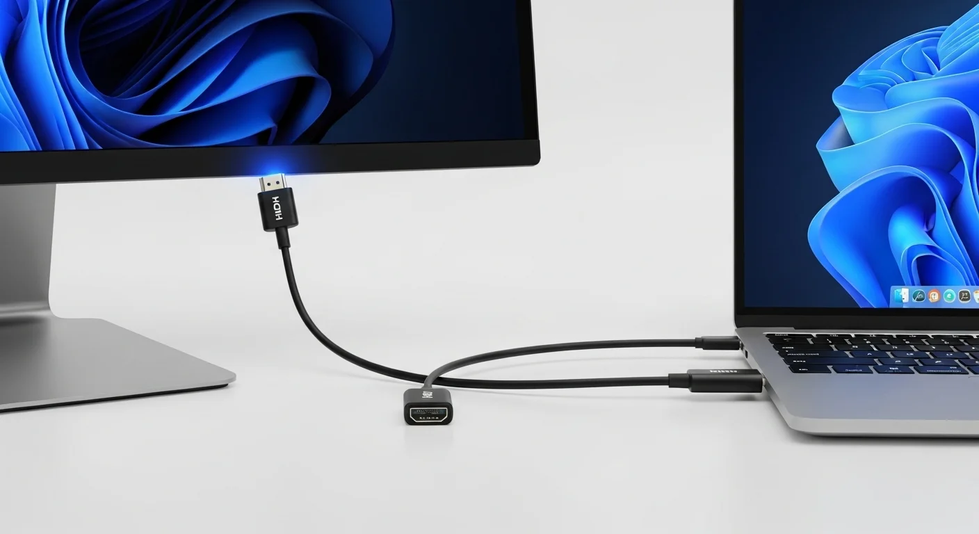 Un cable HDMI de alta calidad conectado a una laptop y un monitor, representando la conexión entre computadoras y el precio de los cables HDMI.