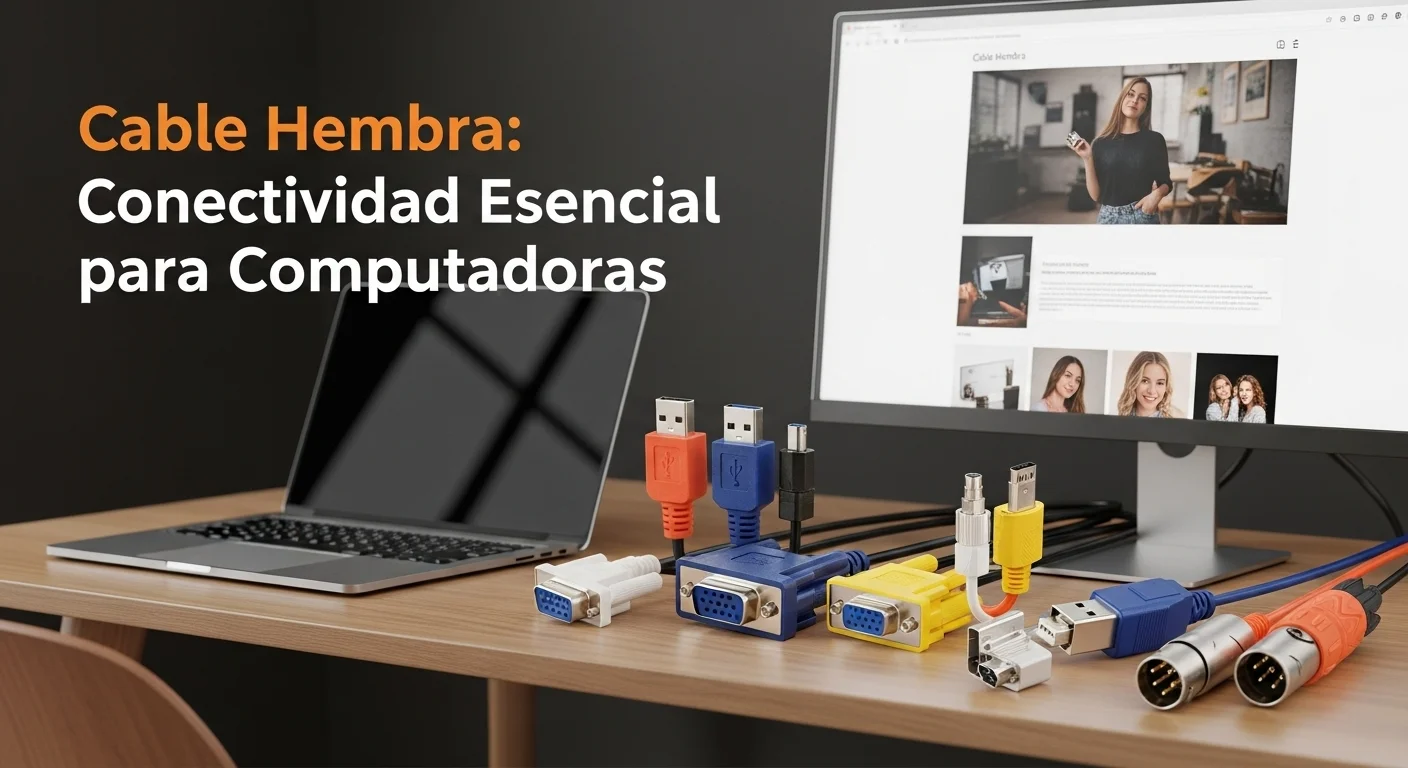 Varios tipos de cable hembra, incluyendo USB, VGA y XLR, dispuestos sobre un escritorio junto a una laptop y un monitor, simbolizando la conectividad en computadoras.