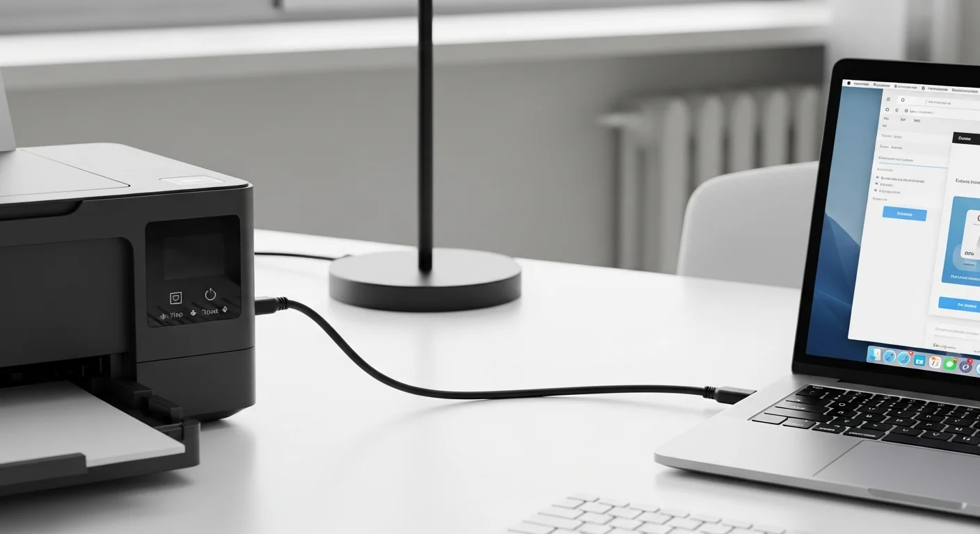 Un cable de impresora USB tipo B conectado a una impresora moderna, con el extremo USB tipo A conectado a una laptop sobre un escritorio de oficina.