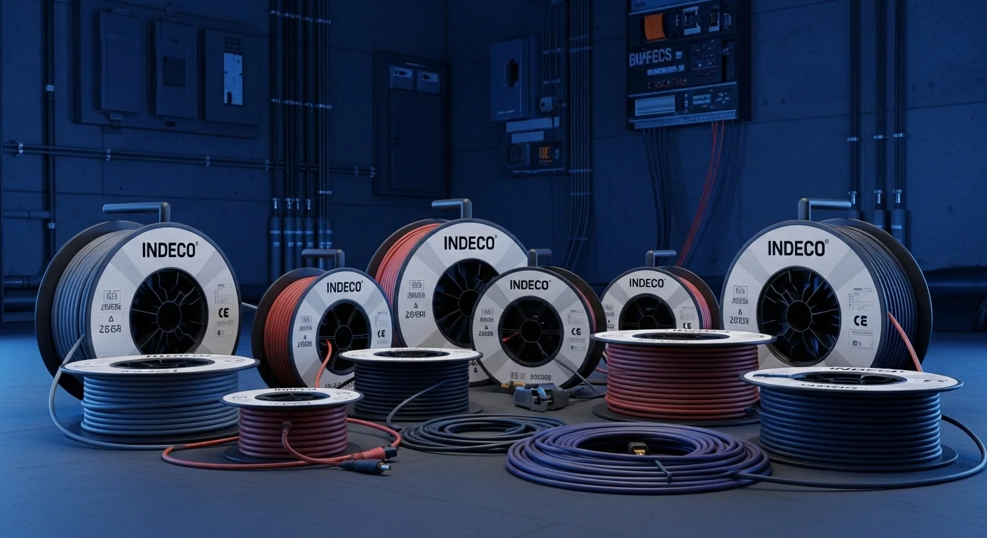 Carretes de Cable Indeco de diferentes calibres listos para instalar una infraestructura eléctrica para computadoras y tecnología.