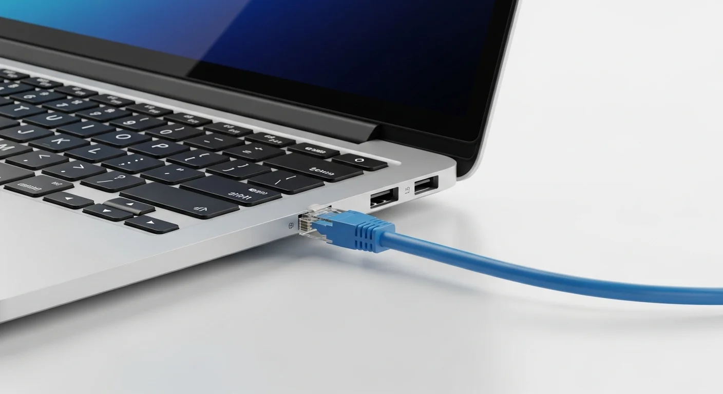 Un cable de internet Ethernet azul conectado al puerto de una laptop moderna, simbolizando la conexión de alta velocidad para computadoras.