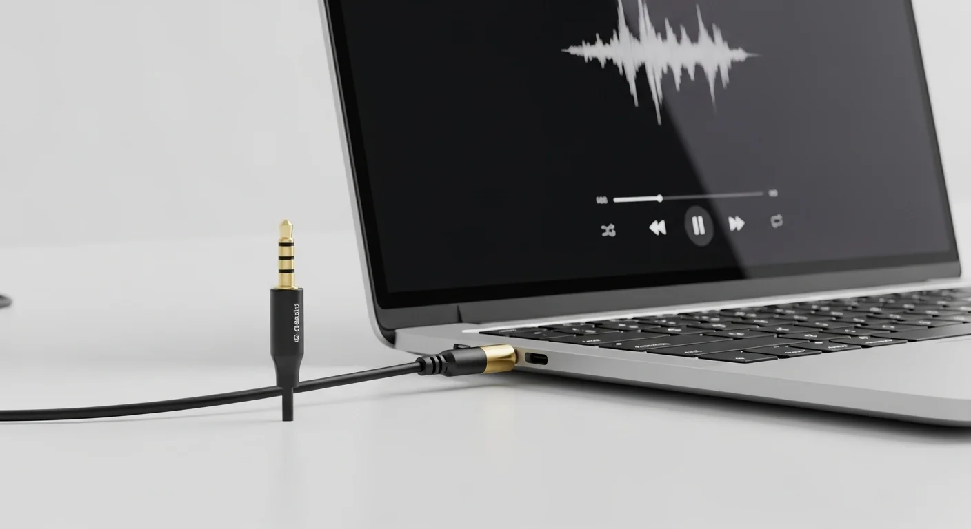 Un cable jack 3.5 de alta calidad con conectores dorados conectado al puerto de audio de una computadora portátil moderna sobre un escritorio de trabajo.