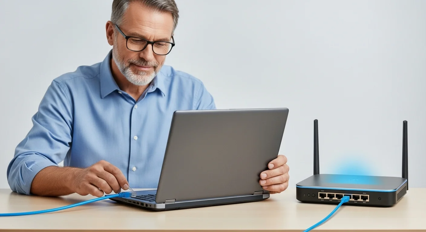 Una persona conectando un cable lan azul a un puerto Ethernet de una laptop moderna, con un router iluminado en el fondo, simbolizando la conexión de computadoras a internet.