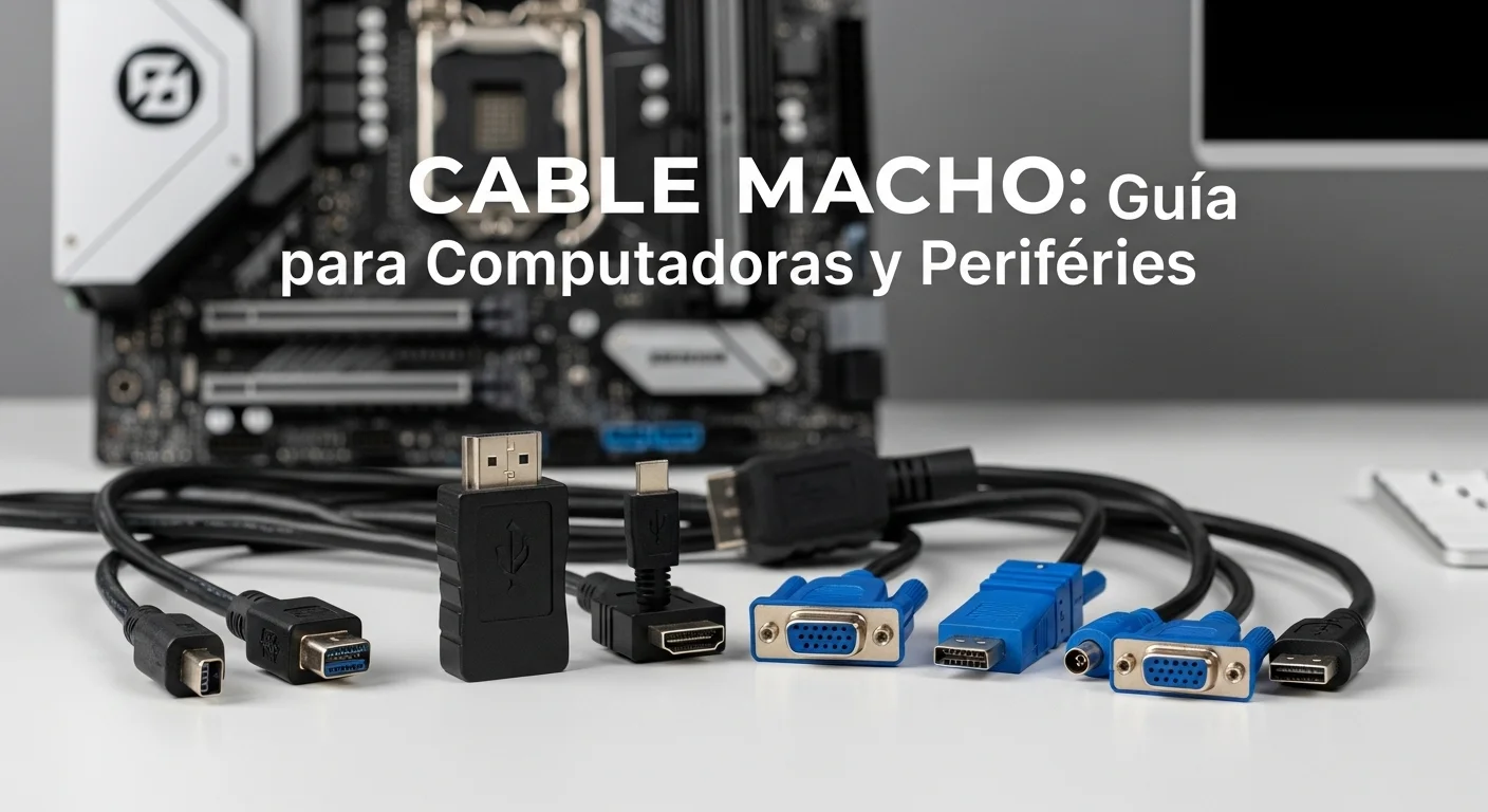 Variedad de cables con conectores macho, incluyendo HDMI, USB, y VGA, dispuestos sobre un escritorio tecnológico listos para conectar computadoras y periféricos.