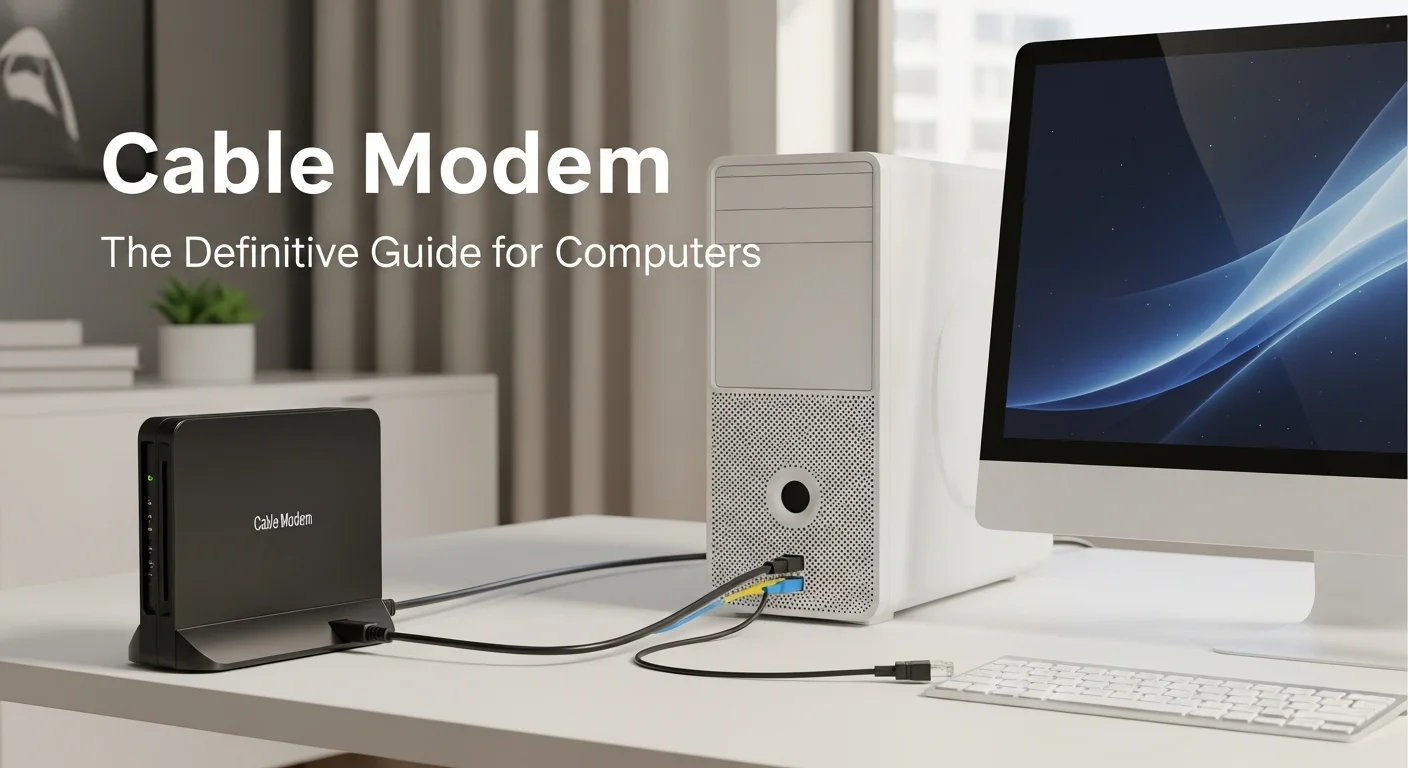 Un moderno cable modem conectado a una computadora de escritorio, mostrando los cables coaxial y Ethernet, simbolizando la conexión a internet de alta velocidad.