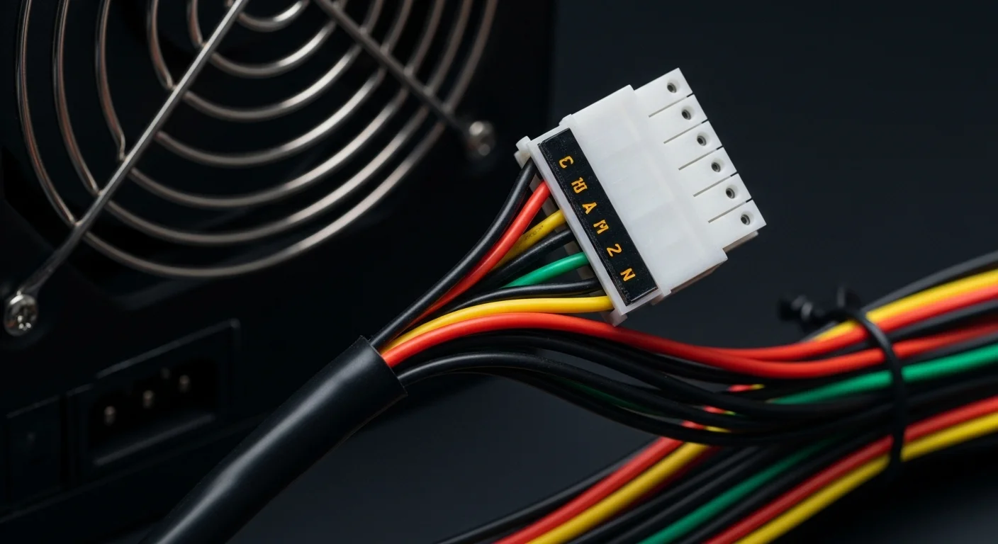 Primer plano de los cables de una fuente de poder de computadora, destacando el cable negativo negro junto a los cables de colores positivo.
