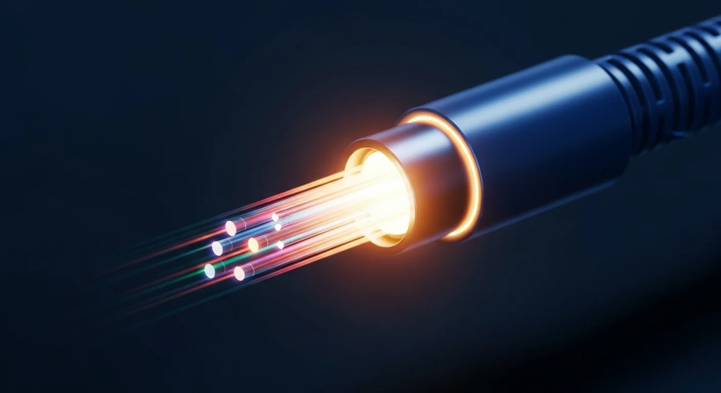 Primer plano de un cable óptico iluminado, con haces de luz de colores simbolizando la alta velocidad de datos para computadoras.