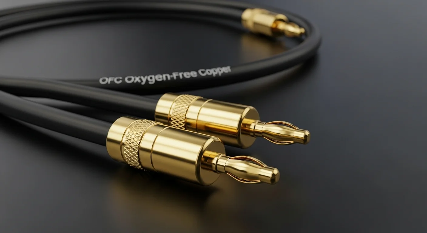 Primer plano de un cable parlante de alta calidad de tipo OFC (cobre libre de oxígeno) mostrando los conectores tipo banana dorados.