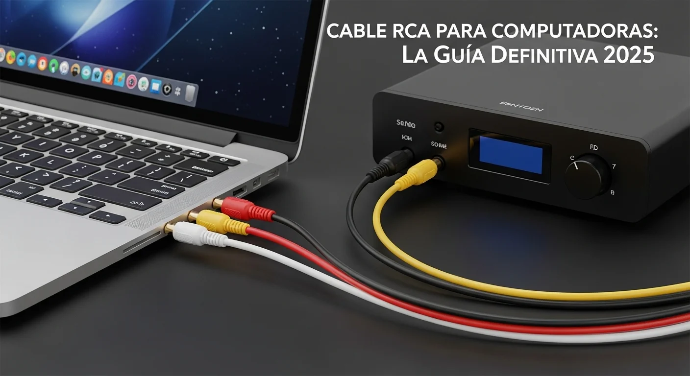 Un conjunto de cables RCA de colores rojo, blanco y amarillo conectados a los puertos de un amplificador de audio junto a una laptop, simbolizando la conexión entre computadoras y tecnología de audio.