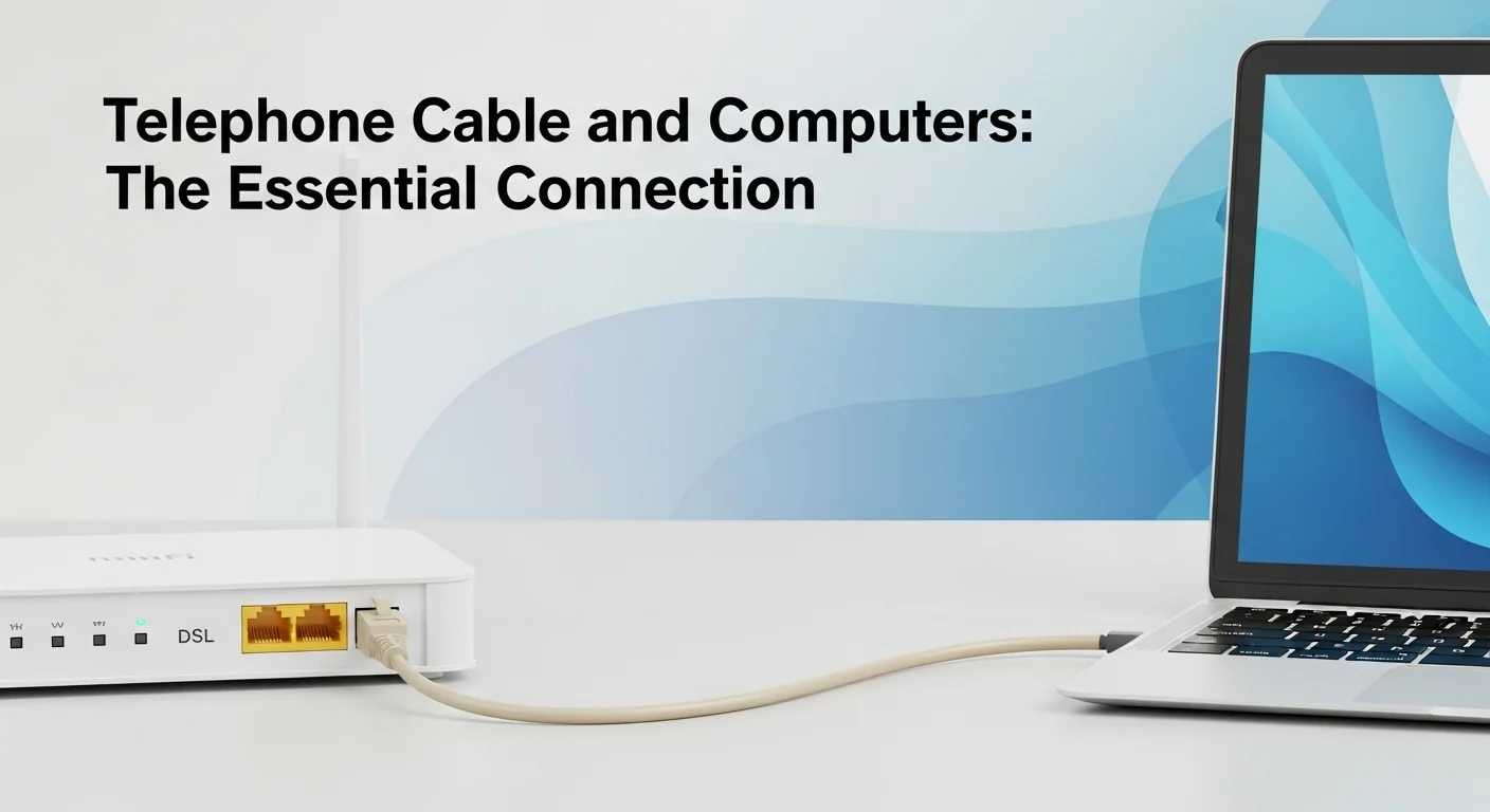 Un cable telefónico RJ11 conectado al puerto DSL de un módem router, con una computadora portátil y una pantalla de fondo, simbolizando la conexión a internet.