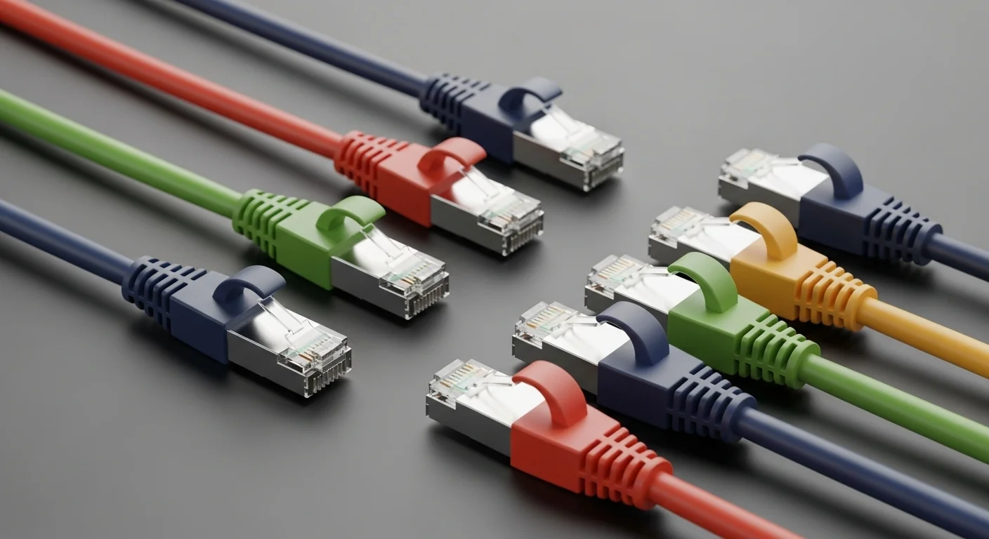 Varios cables de par trenzado UTP de diferentes colores con conectores RJ45, utilizados para redes de computadoras.