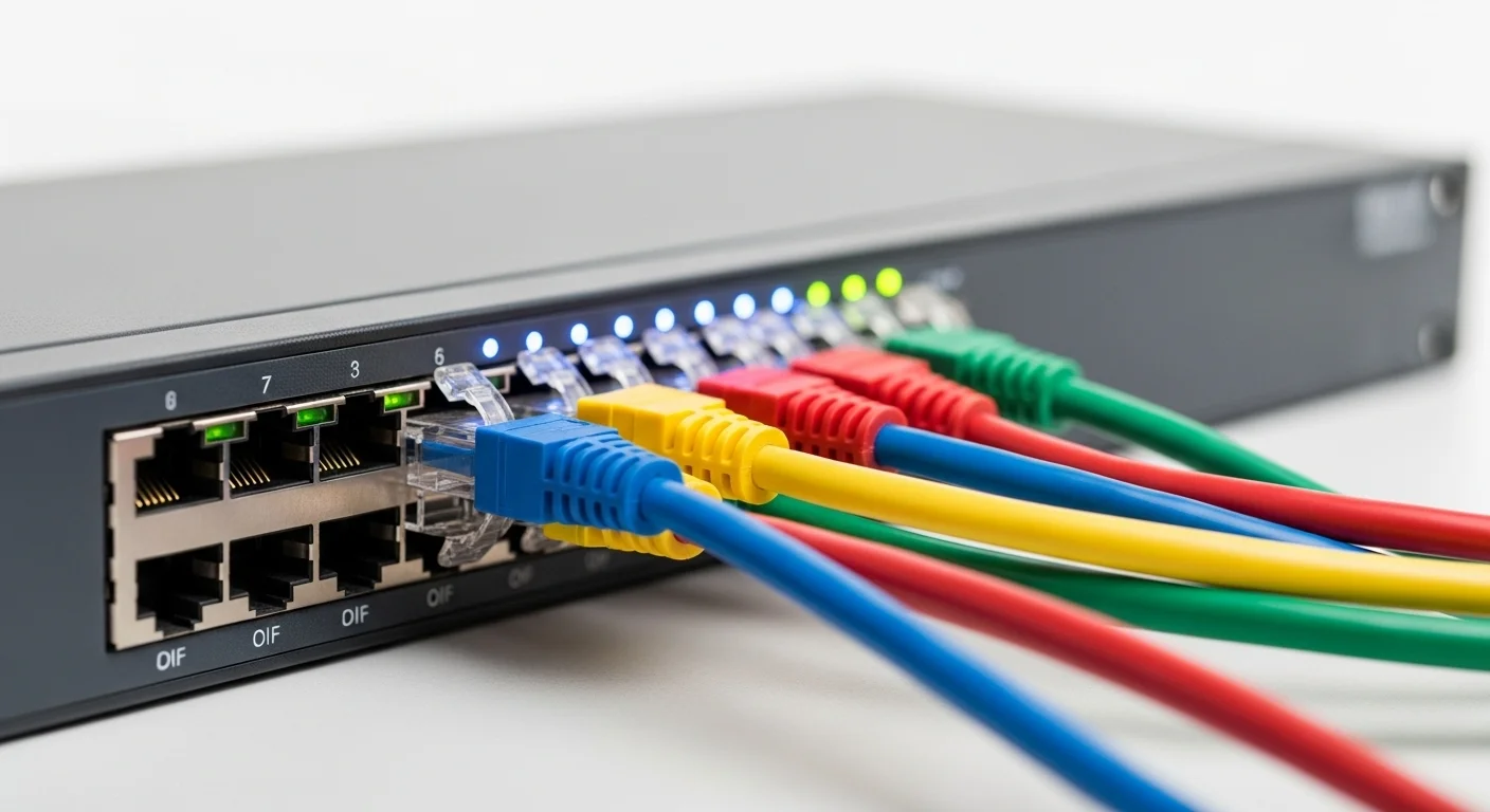 Primer plano de múltiples cables UTP de colores conectados a los puertos de un switch de red, con luces LED indicando la actividad de conexión de varias computadoras.