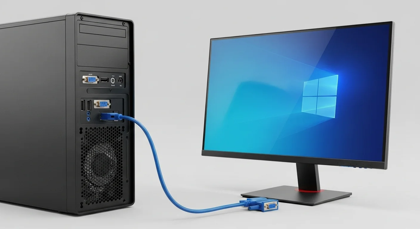 Un cable VGA azul conectado al puerto de una computadora de escritorio junto a un monitor, mostrando la clásica conexión de video.