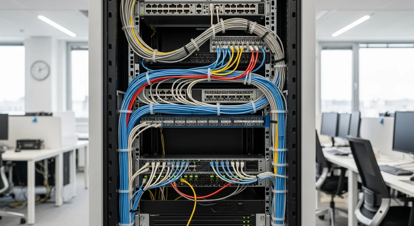 Instalación profesional de cableado estructurado en un rack de servidores para computadoras y equipos de oficina, mostrando cables ethernet y eléctricos organizados.