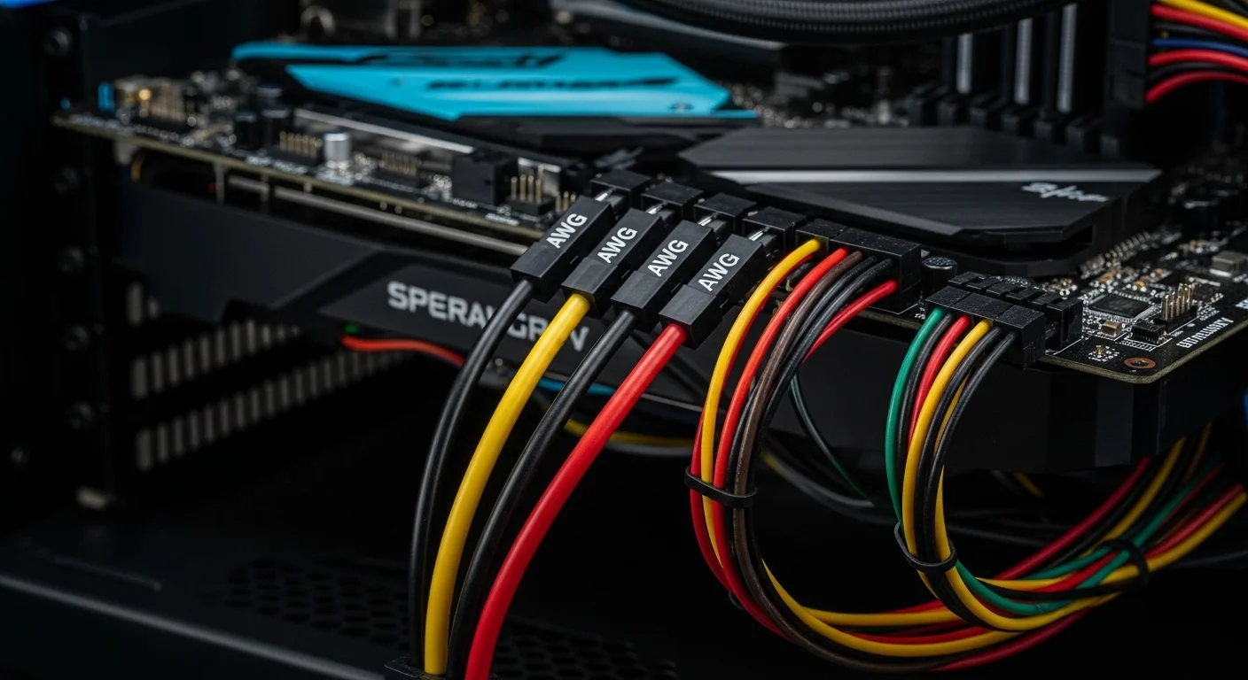 Primer plano de cables de diferentes colores y calibres AWG conectados a una placa base de computadora.