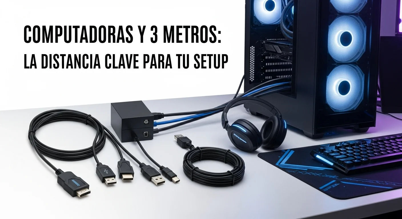 Setup de computadora gaming con cables de 3 metros bien organizados, incluyendo HDMI, USB y Ethernet