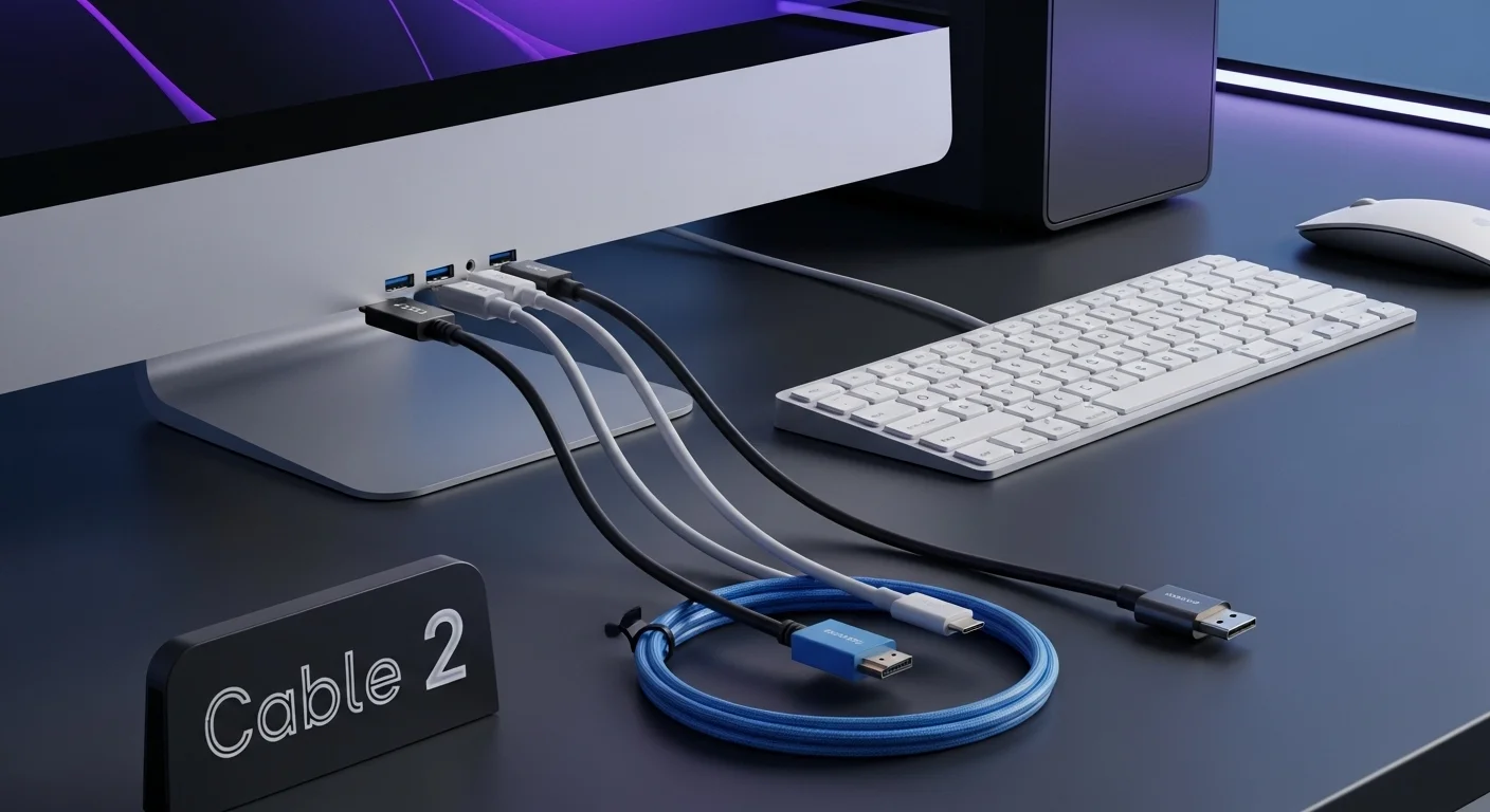 Varios cables de colores, incluyendo un cable 2 HDMI y un cable USB-C, conectados a los puertos de una computadora de escritorio moderna junto a un teclado y ratón.