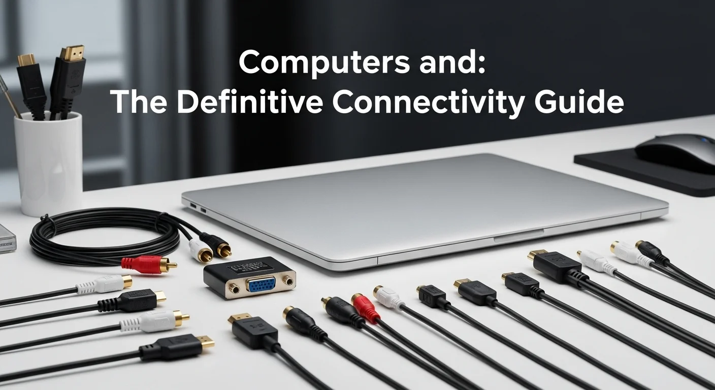 Una variedad de cables y conectores, incluyendo RCA y HDMI, dispuestos sobre un escritorio junto a una computadora portátil, mostrando la conexión entre tecnología antigua y moderna.