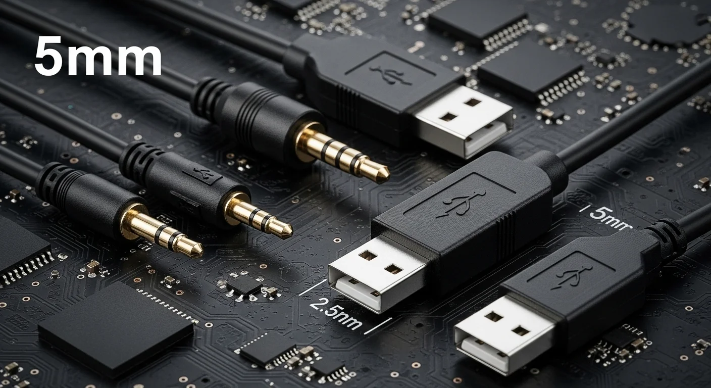 Una composición de varios cables y conectores tecnológicos, incluyendo un jack 3.5 mm, un cable electrico de 2.5 mm y conectores USB, sobre un fondo de una placa base de computadora.