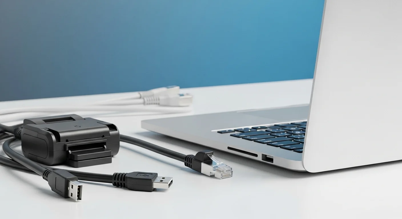 Una composición de diferentes cables tipo b, incluyendo un cable USB tipo B para impresora y un cable de red UTP con conector RJ45, sobre un escritorio junto a una computadora portátil.
