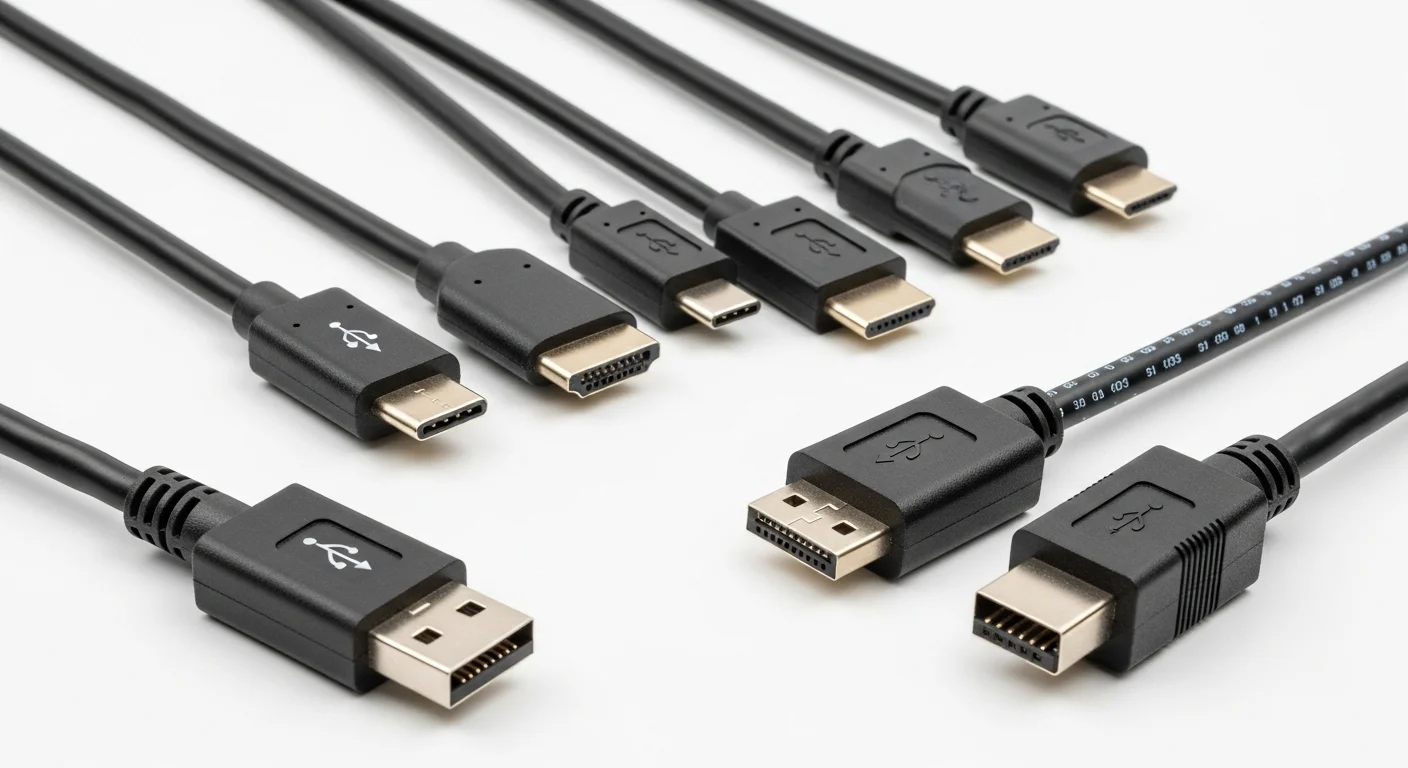 Diversos cables conectores para computadoras, incluyendo USB-C, HDMI, DisplayPort y Ethernet, dispuestos sobre un fondo blanco.