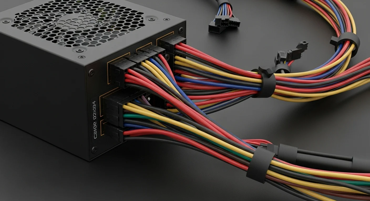 Primer plano de varios cables eléctricos de colores conectados a una fuente de poder de una computadora de alto rendimiento.