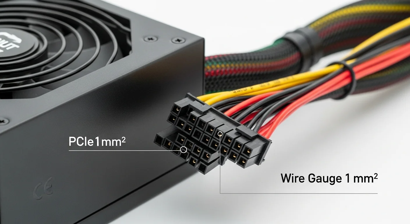Primer plano detallado de los cables de colores de una fuente de poder modular para computadoras, mostrando conectores PCIe y la importancia del calibre en mm2.