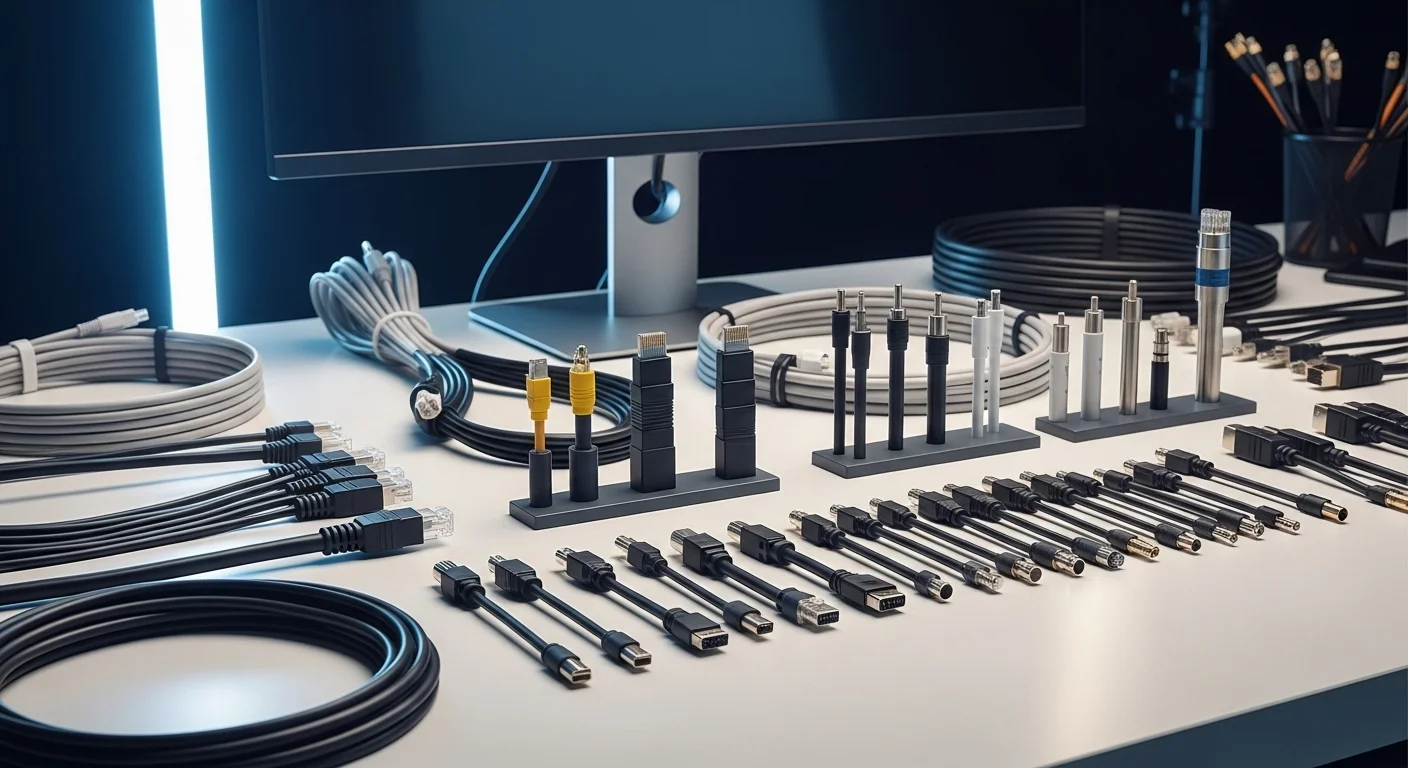 Variedad de cables para computadoras, incluyendo Ethernet, fibra óptica y coaxial, sobre un escritorio tecnológico.