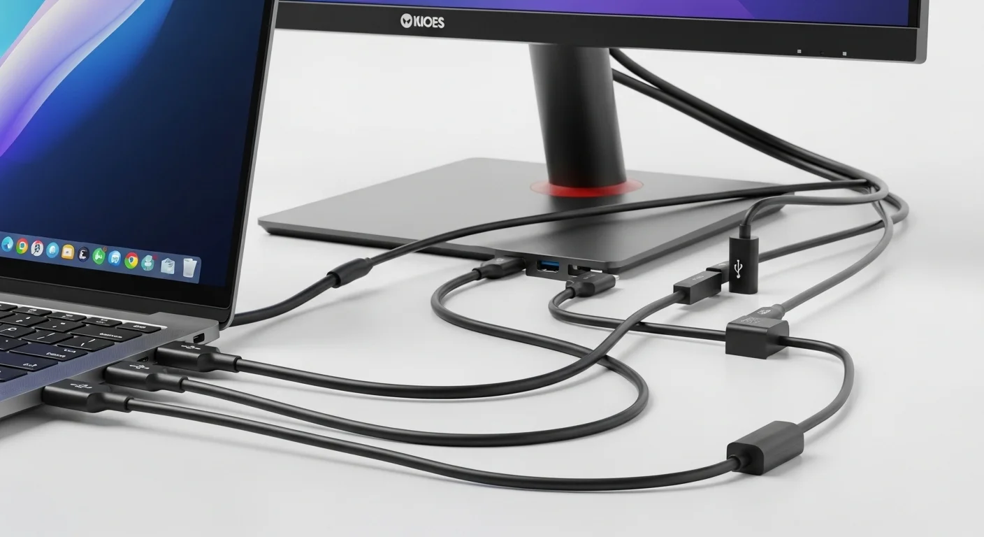 Varios cables tipo USB-A, USB-C y HDMI conectados a los puertos de una laptop y monitor, demostrando la conectividad en computadoras modernas.