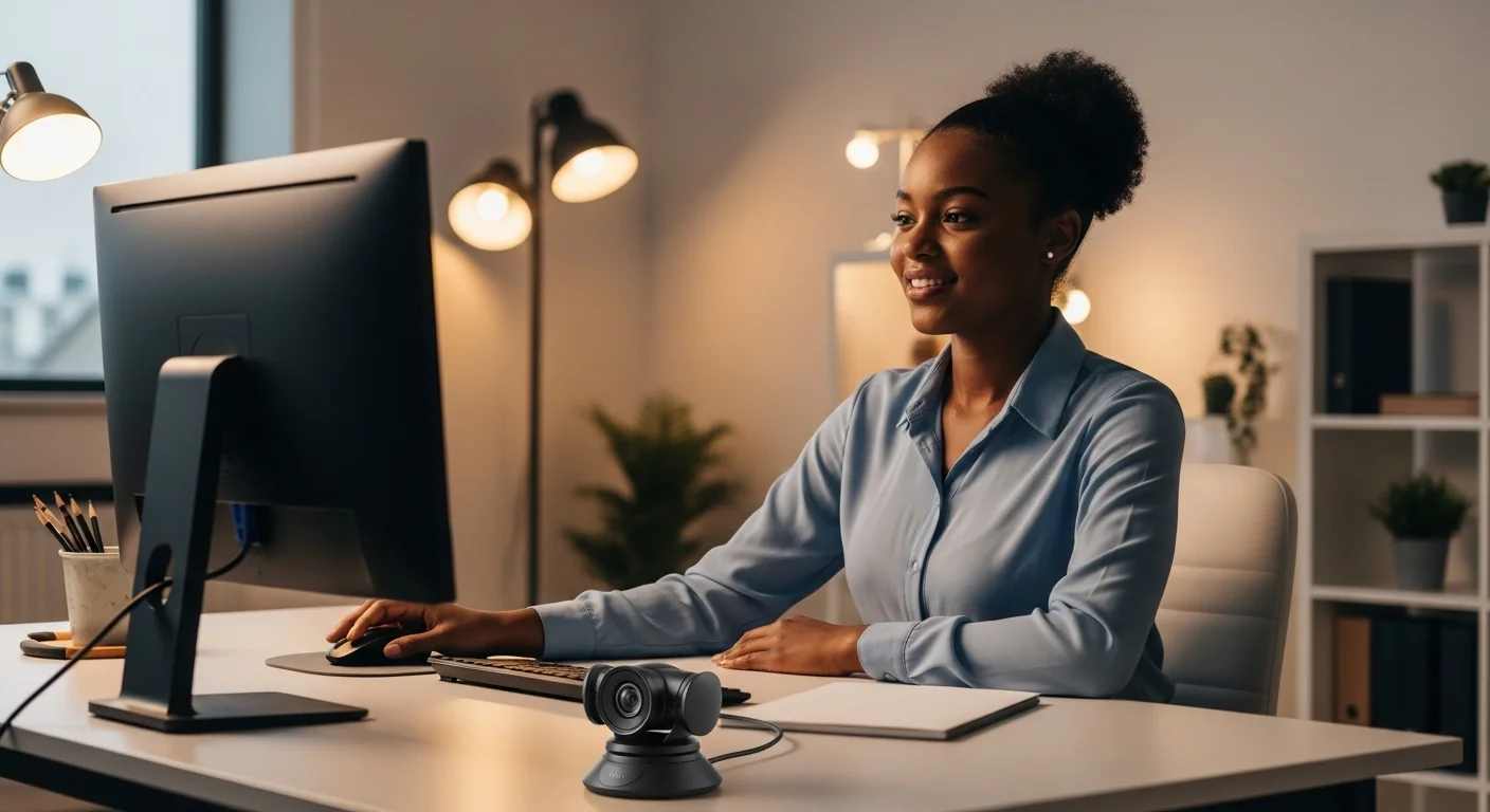 Una mujer en una videoconferencia profesional utilizando una cámara para computadoras de alta calidad en un escritorio de oficina moderno