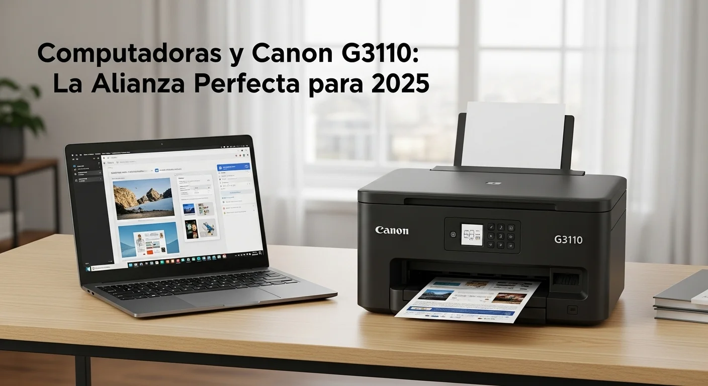 Una impresora Canon G3110 junto a una laptop moderna, representando la sinergia entre computadoras y periféricos en una oficina.