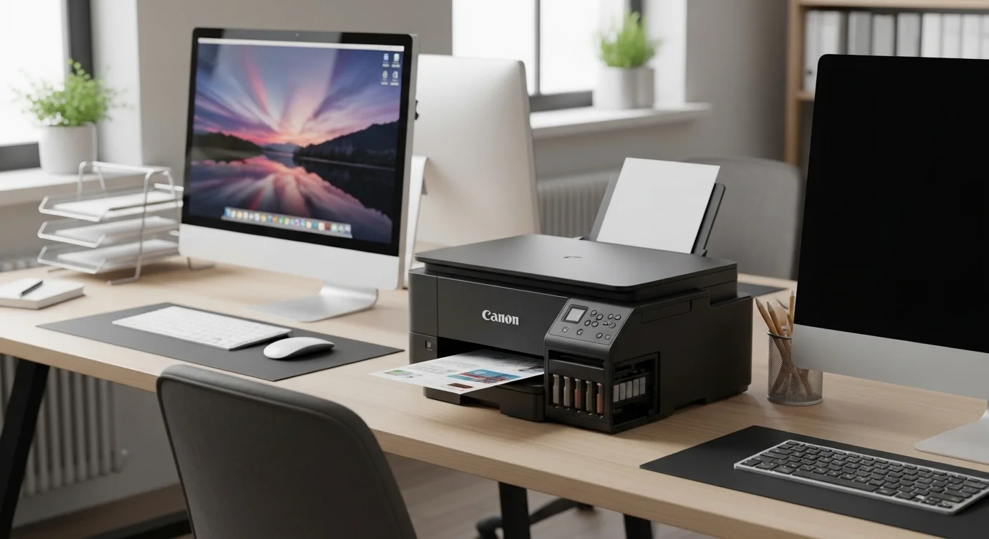 Impresora Canon G4100 en un escritorio de oficina moderno junto a varias computadoras y accesorios de tecnología, mostrando su integración en el entorno de trabajo.
