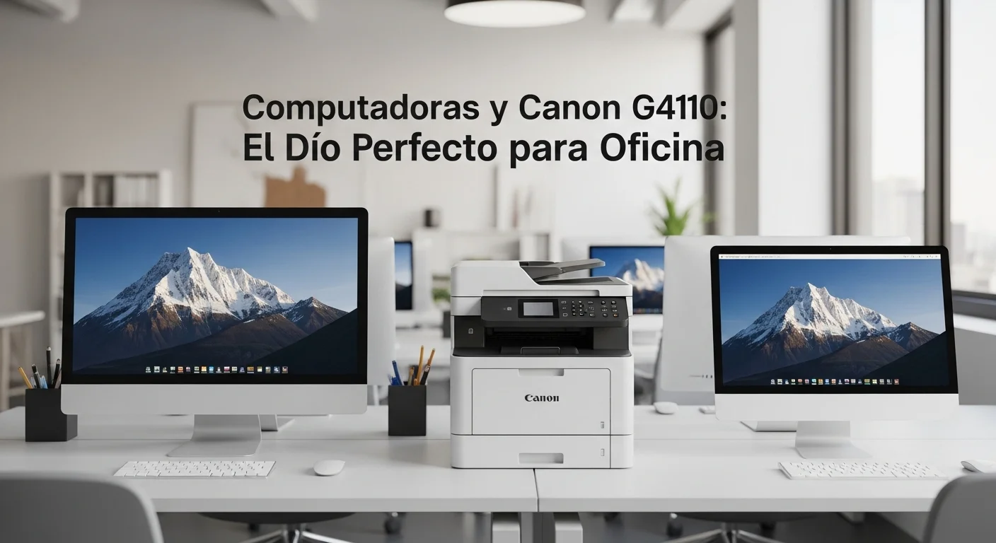 Impresora Canon G4110 junto a varias computadoras en un entorno de oficina moderno, destacando la conectividad.