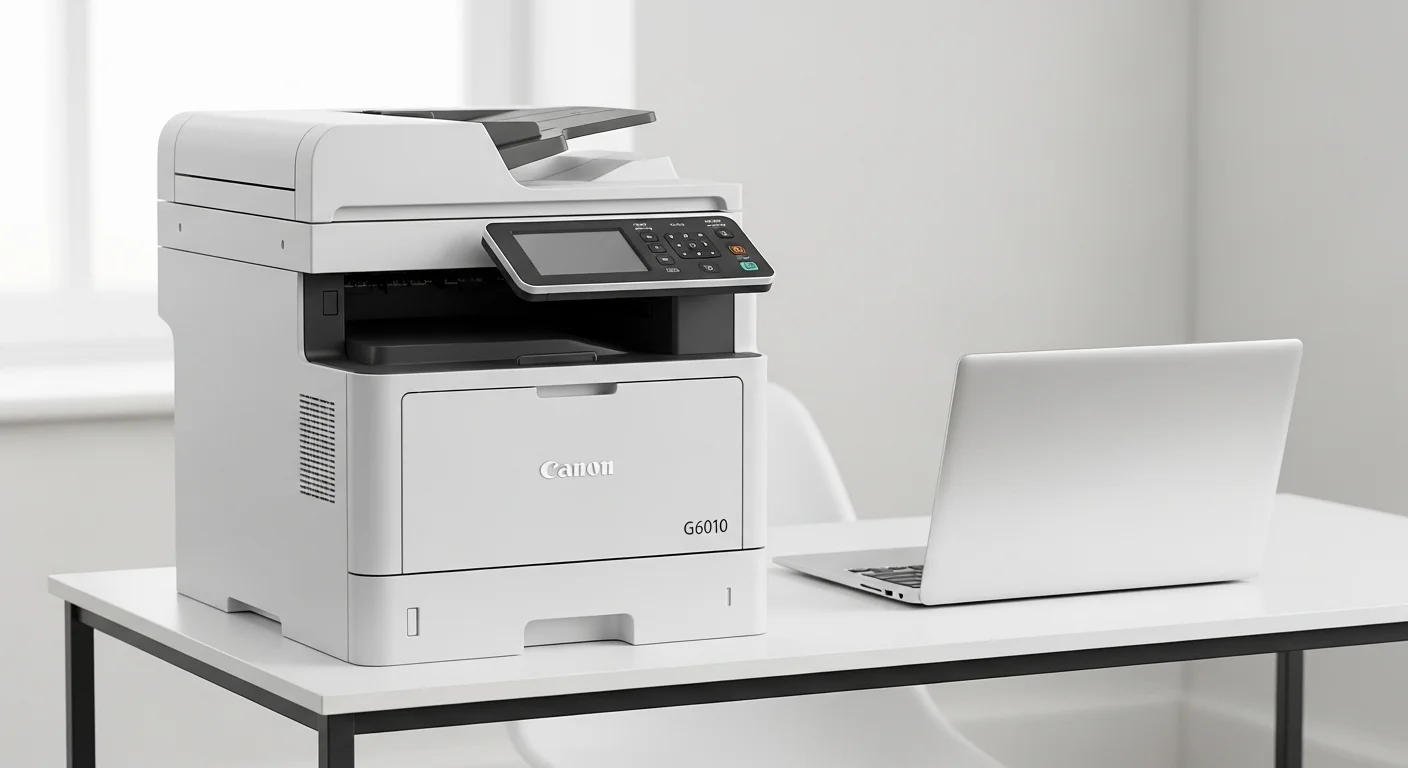 Impresora Canon G6010 multifuncional en un escritorio moderno junto a una computadora portátil, mostrando su conectividad y diseño para la oficina.