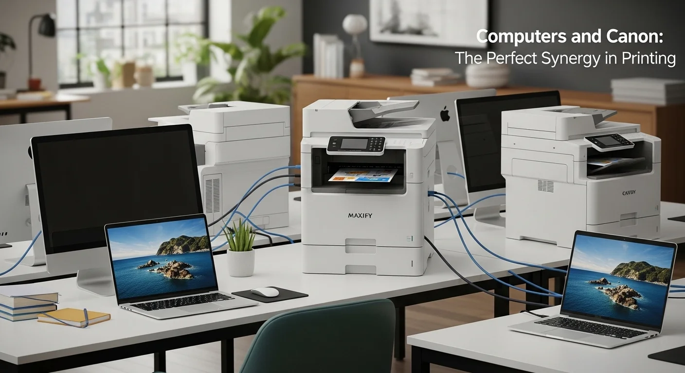 Una oficina moderna con varias impresoras Canon, incluyendo la MAXIFY GX7010, conectadas a una red de computadoras.