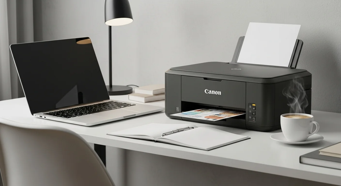 Impresora Canon MG2510 en un escritorio moderno junto a una laptop y una taza de café, representando un entorno de oficina en casa con computadoras y tecnología.