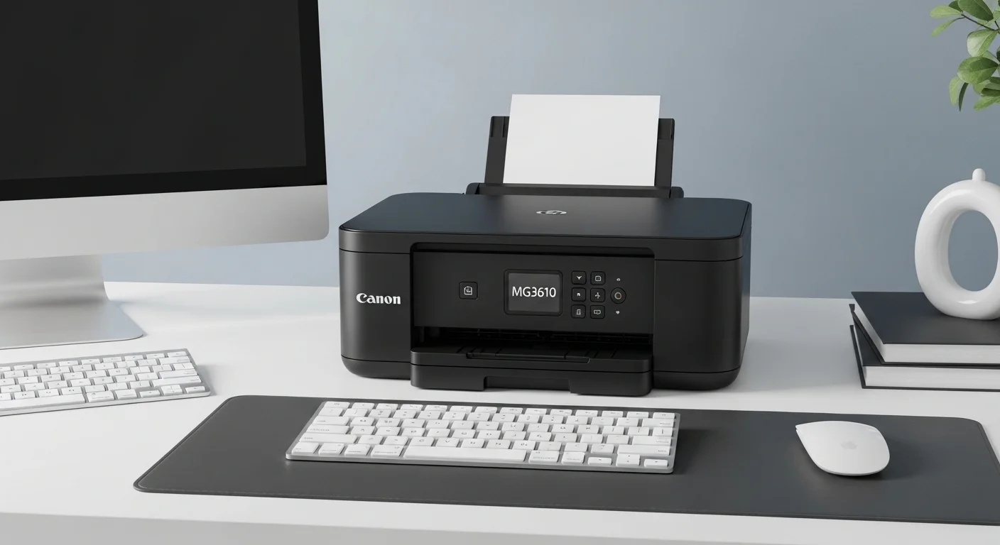 Impresora Canon Mg3610 negra en un escritorio moderno junto a computadoras y accesorios tecnológicos.
