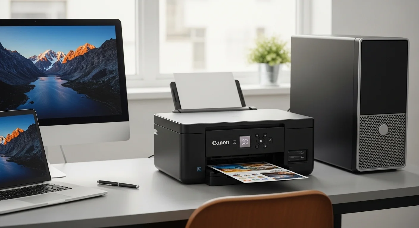 Una impresora Canon Pixma G3160 en un escritorio moderno junto a una laptop y una computadora de escritorio, mostrando la sinergia tecnológica.
