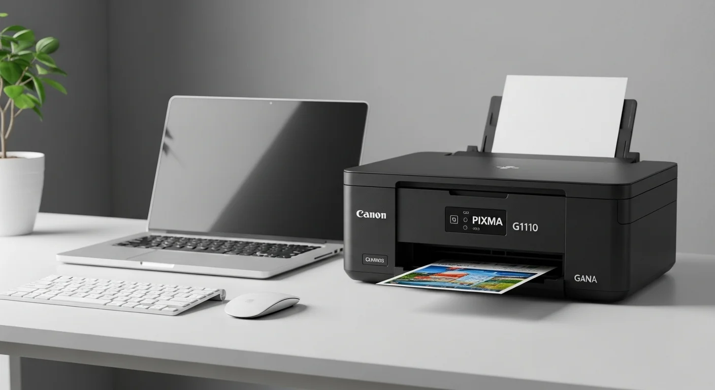 Impresora Canon PIXMA G1110 en un escritorio moderno junto a una laptop y otros accesorios de computadoras.