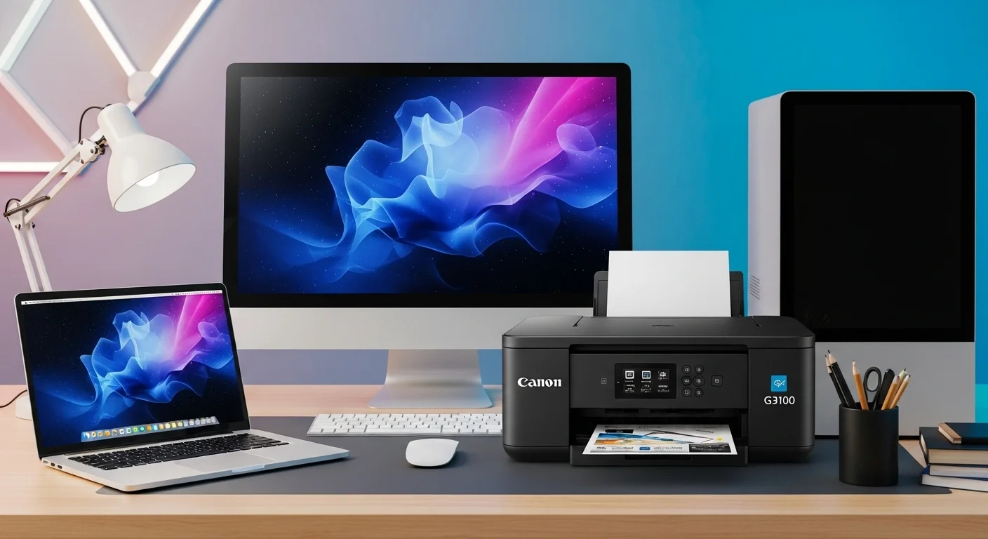Impresora Canon PIXMA G3100 junto a una laptop y una computadora de escritorio, mostrando un entorno de oficina moderno y conectado.