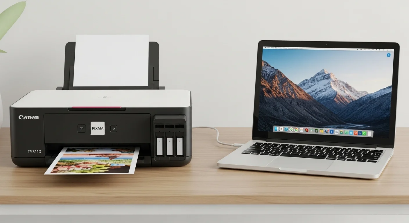 Impresora Canon PIXMA TS3110 junto a una laptop, mostrando la sinergia entre computadoras y periféricos de impresión para oficina.