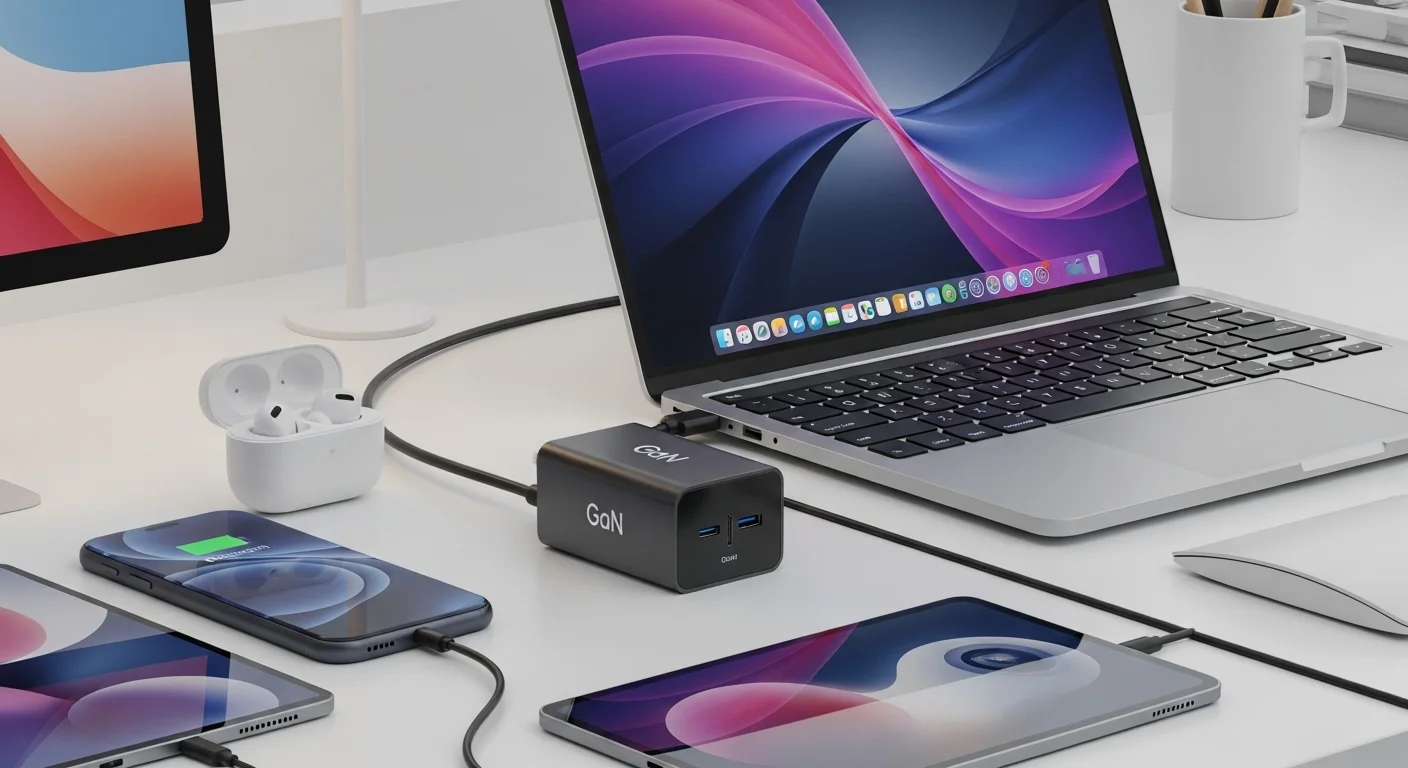 Un moderno cargador GaN con puerto USB-C conectado a una laptop y rodeado de otros dispositivos, simbolizando la carga universal para computadoras.